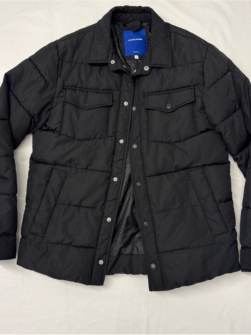 Jack & Jones Black Quilted Snap-Front Puffer Coat